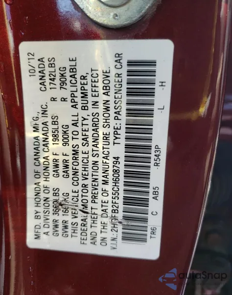 2012 Honda Civic Lx z USA, uszkodzony, nr VIN 2HGFB2F55CH608794